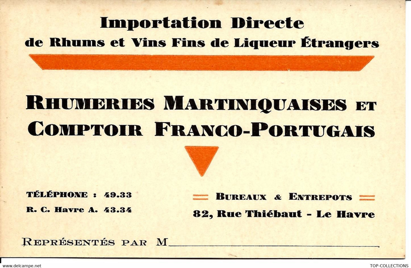 MARTINIQUE RARE ENTETE ALCOOL RHUMERIES MARTINIQUAISES COMPTOIR FRANCO PORTUGAIS LE HAVRE T.B.E. V. SCANS - Cartoncini Da Visita