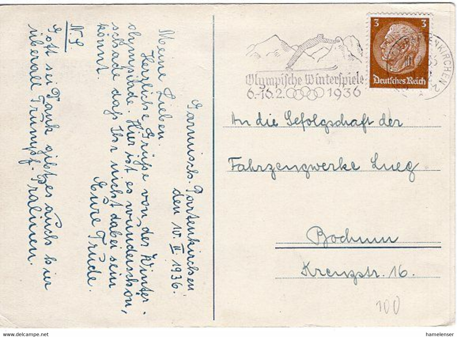 52012 - Deutsches Reich - 1936 - 3Pfg Hindenburg EF A AnsKte GARMISCH-PARTENKIRCHEN - OLYMPISCHE WINTERSPIELE -> Bochum - Winter 1936: Garmisch-Partenkirchen