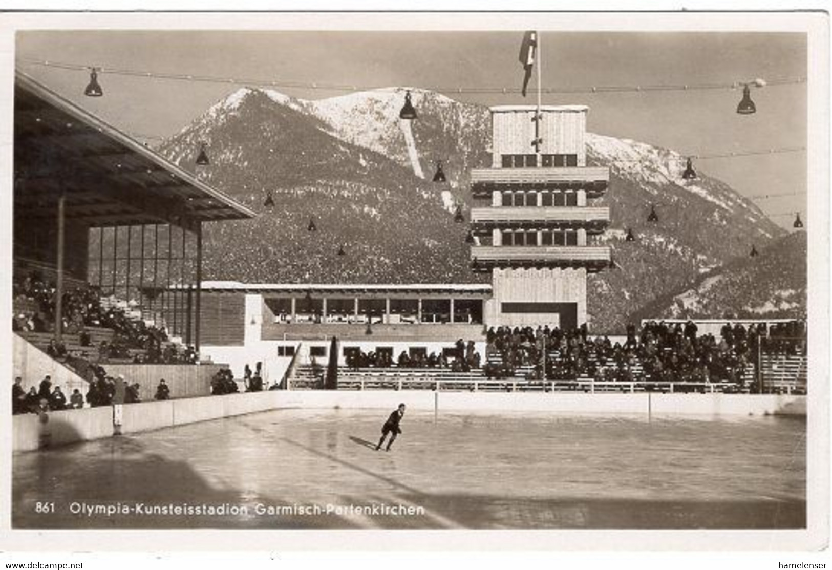 52032 - Deutsches Reich - 1936 - 6Pfg Hindenburg EF A AnsKte GARMISCH-PARTENKIRCHEN - SCHAUPLATZ ... -> Leipzig - Invierno 1936: Garmisch-Partenkirchen