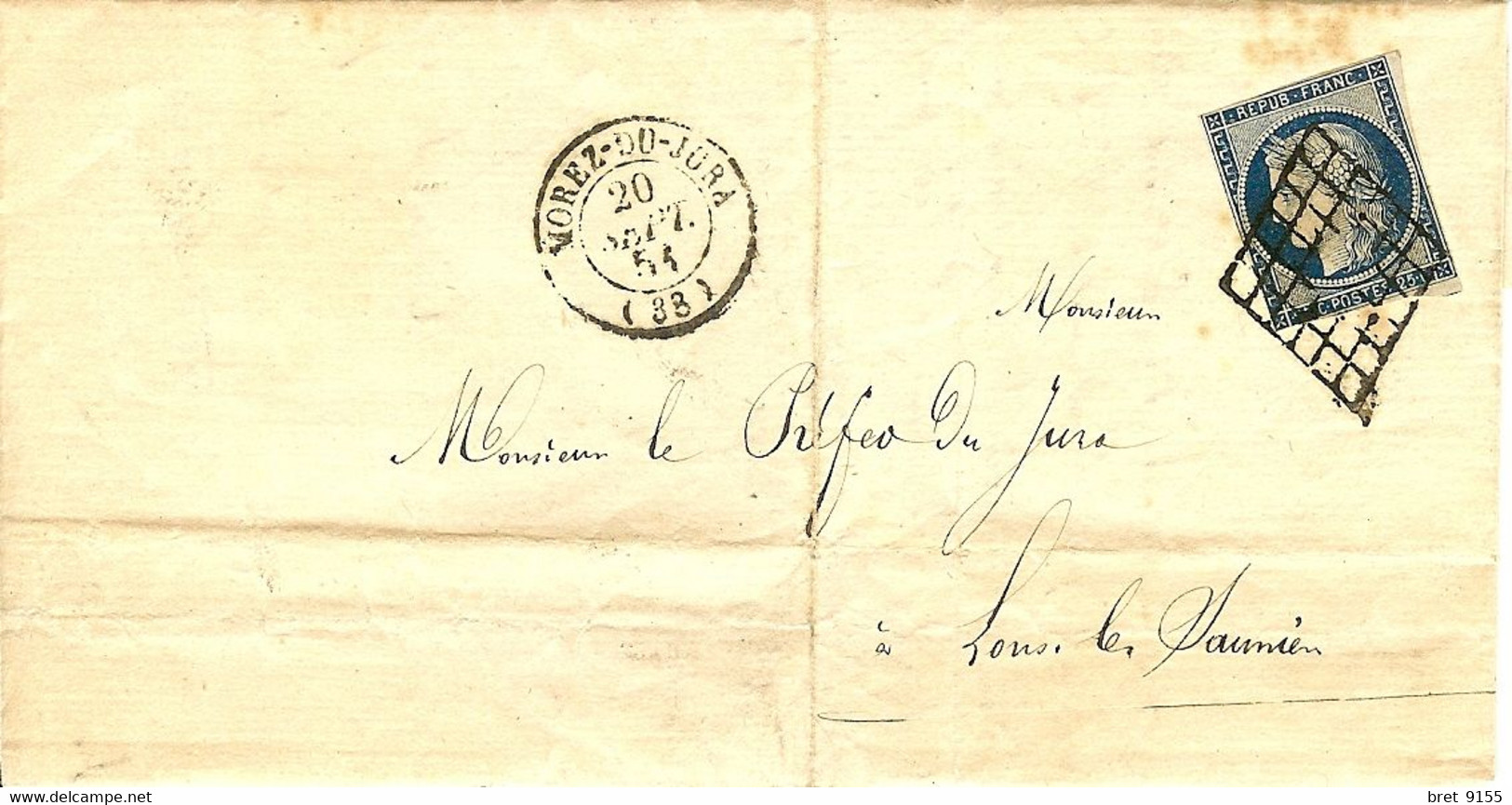 LETTRE CERES 1851 N°4 25c BLEU OBL GRILLE + DATEUR DE MOREZ DU JURA POUR LONS LE SAUNIER AU DOS LONS LE SAUNIER - 1849-1850 Cérès