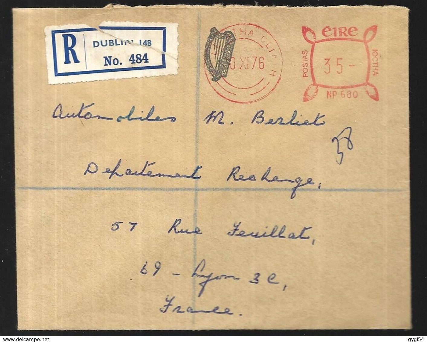 EIRE Entier Postal Recommandé Du 10 XI 1976  De Dublin Pour Lyon - Lettres & Documents