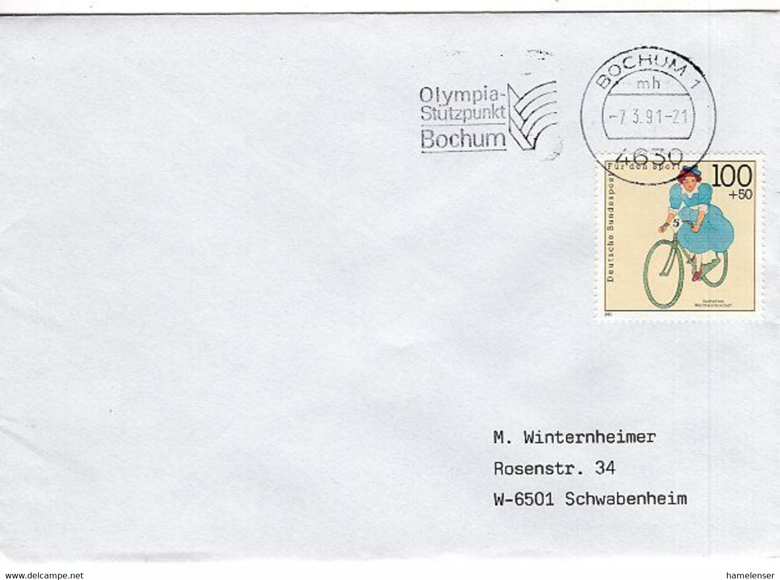 52089 - Bund - 1991 - 100Pfg Sport EFa Bf BOCHUM - OLYMPIA-STUETZPUNKT ... -> Schwabenheim - Other & Unclassified