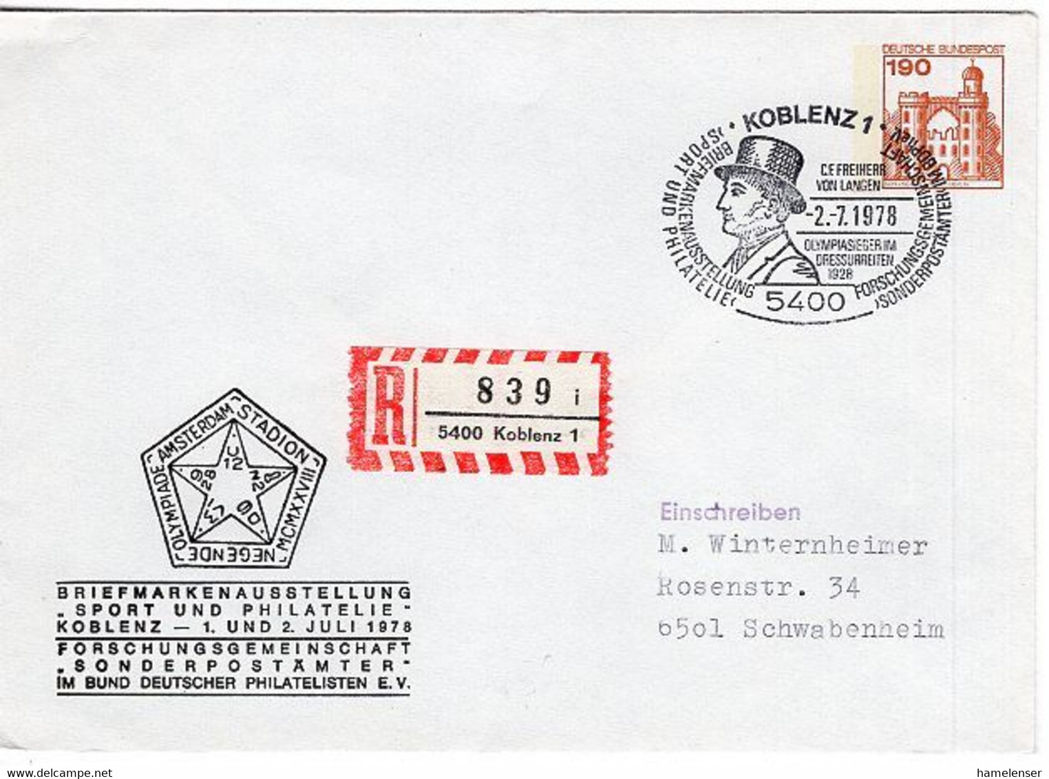 52103 - Bund - 1978 - 190Pfg B&S PrivatGAUmschl M SoStpl KOBLENZ - ... OLYMPIASIEGER 1928 ... -> Schwabenheim - Summer 1928: Amsterdam