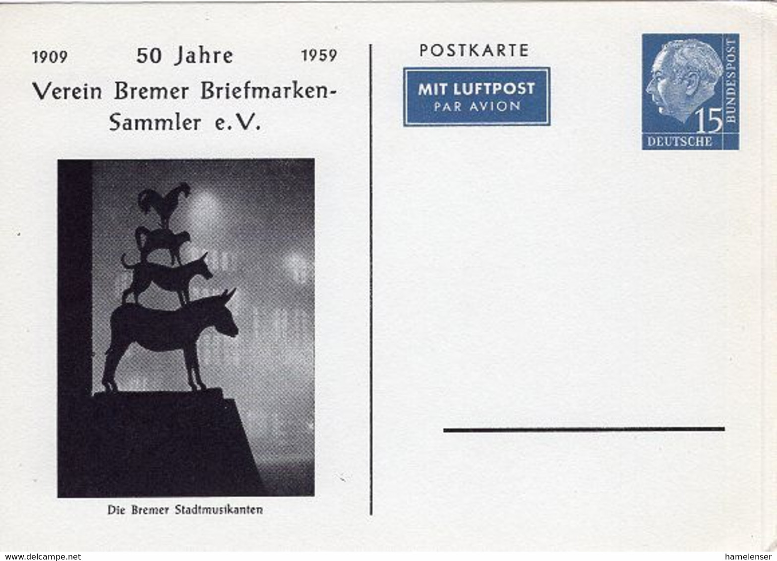 52104 - Bund - 1959 - 15Pfg Heuss I PrivatLpGAKte "Bremer Briefmarkensammler", Ungebr - Verhalen, Fabels En Legenden