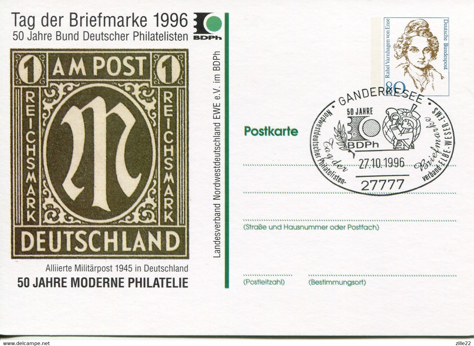 Germany Deutschland Postal Stationery - Private Card - CTO - Von Ense Design - Stamp Day, 50th Collectors Union Jubilee - Cartes Postales Privées - Oblitérées