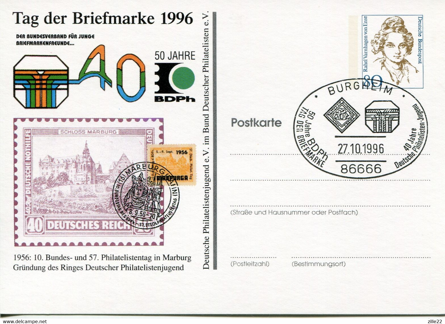 Germany Deutschland postal stationery - private card - CTO - von Ense design - stamp day, 50th collectors union jubilee