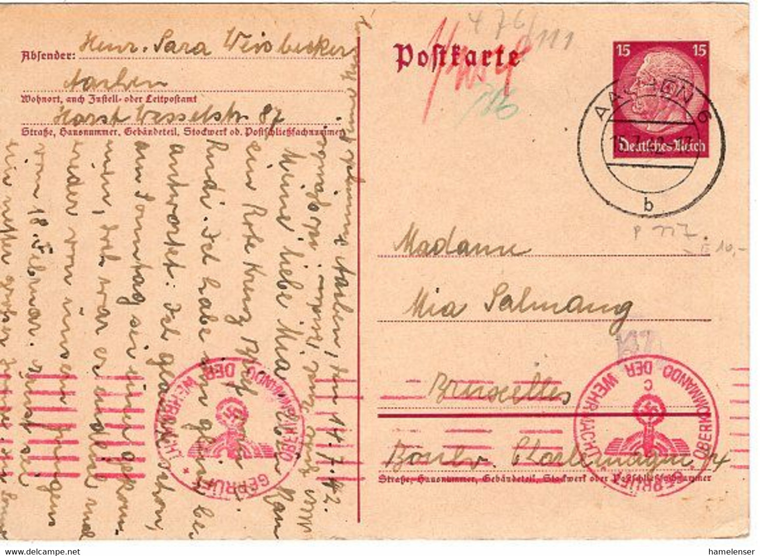 52195 - Deutsches Reich - 1942 - 15Pfg Hindenburg AntwKte (Frage) AACHEN -> Belgien, M Dt Zensur & Zwangsnamen "Sara" - Guidaismo