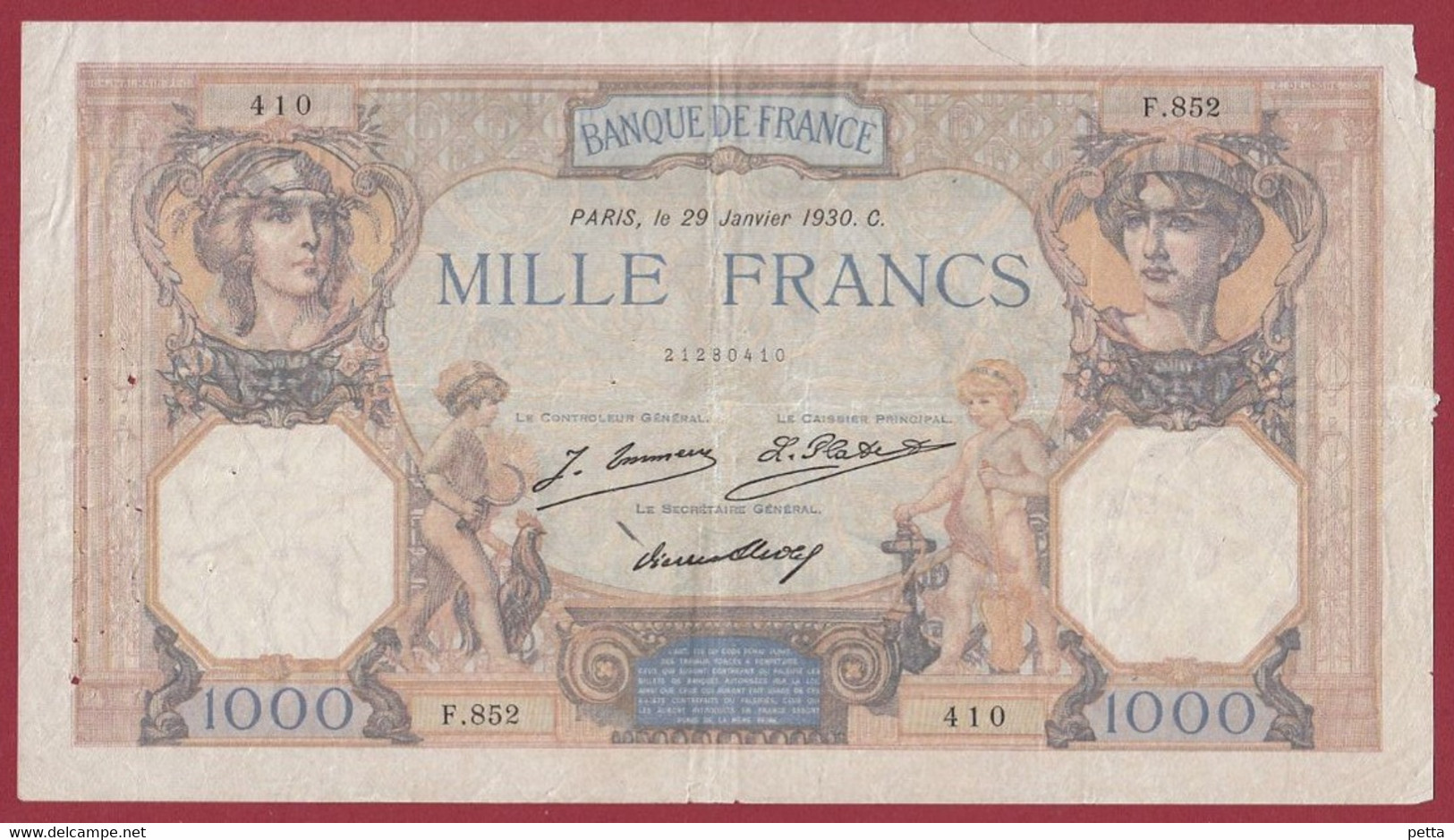 1000 Francs "Cérès Et Mercure" Du 29/01/1930.C ---ALPH .F.852 --ALPHABET PEU COMMUN--dans L 'état - 1 000 F 1927-1940 ''Cérès Et Mercure''