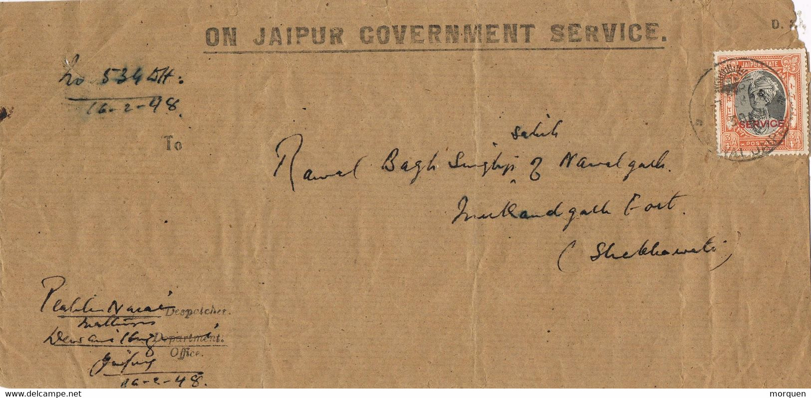 44917. Carta Service JAIPUR (Estado Indio)  1948. Official - Jaipur