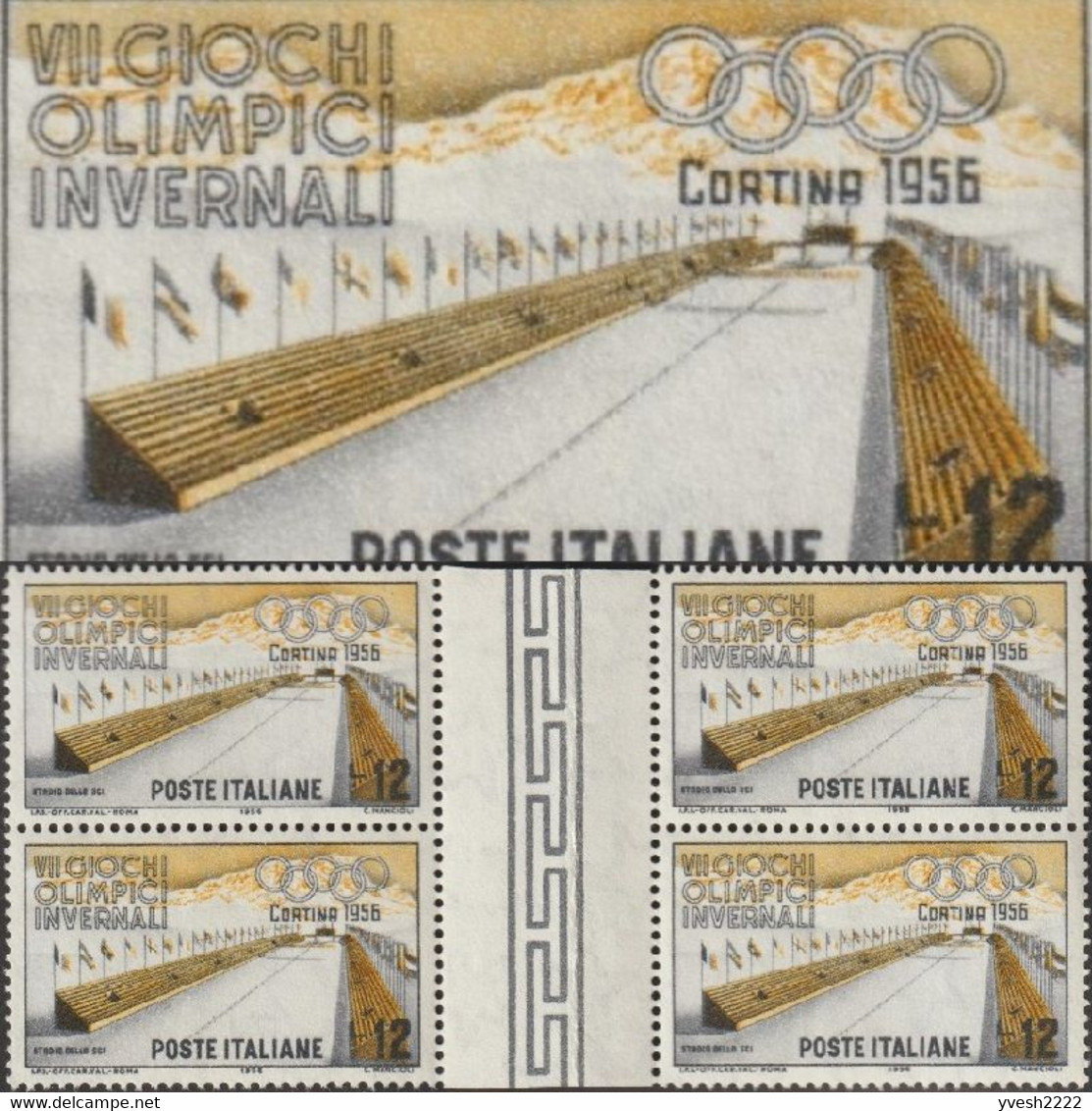 Italie 1956 Y&T 721 Unificato 794. Bloc De 4 Interpanneaux. Jeux D'hiver Cortina D'Ampezzo. Arrivée De Ski - Winter 1956: Cortina D'Ampezzo