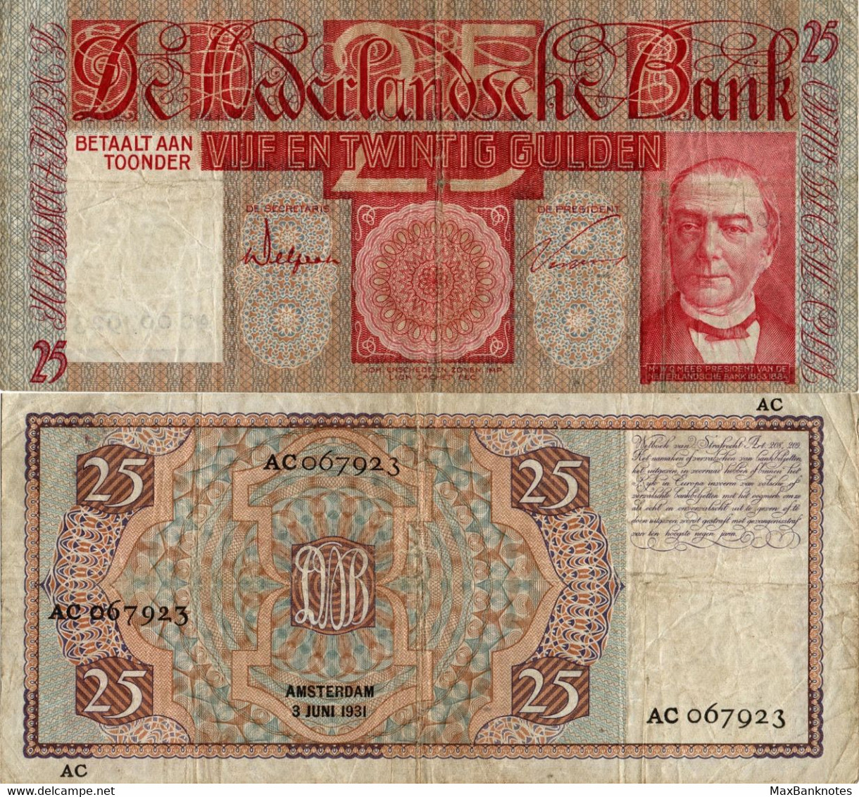Netherlands / 25 Gulden / 1931 / P-50(a) / VF - 25 Gulden