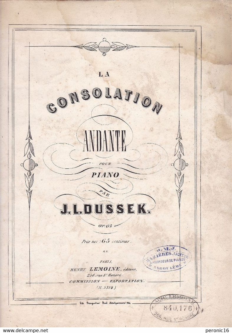 Partition Ancienne J. L. Dussek, La Consolation, Pour Piano - Instruments à Clavier