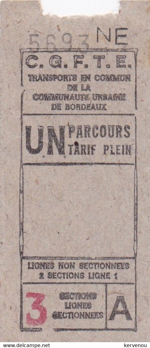 Ticket De Bus CGFTE Transport En Commun Bordeaux - Zonder Classificatie