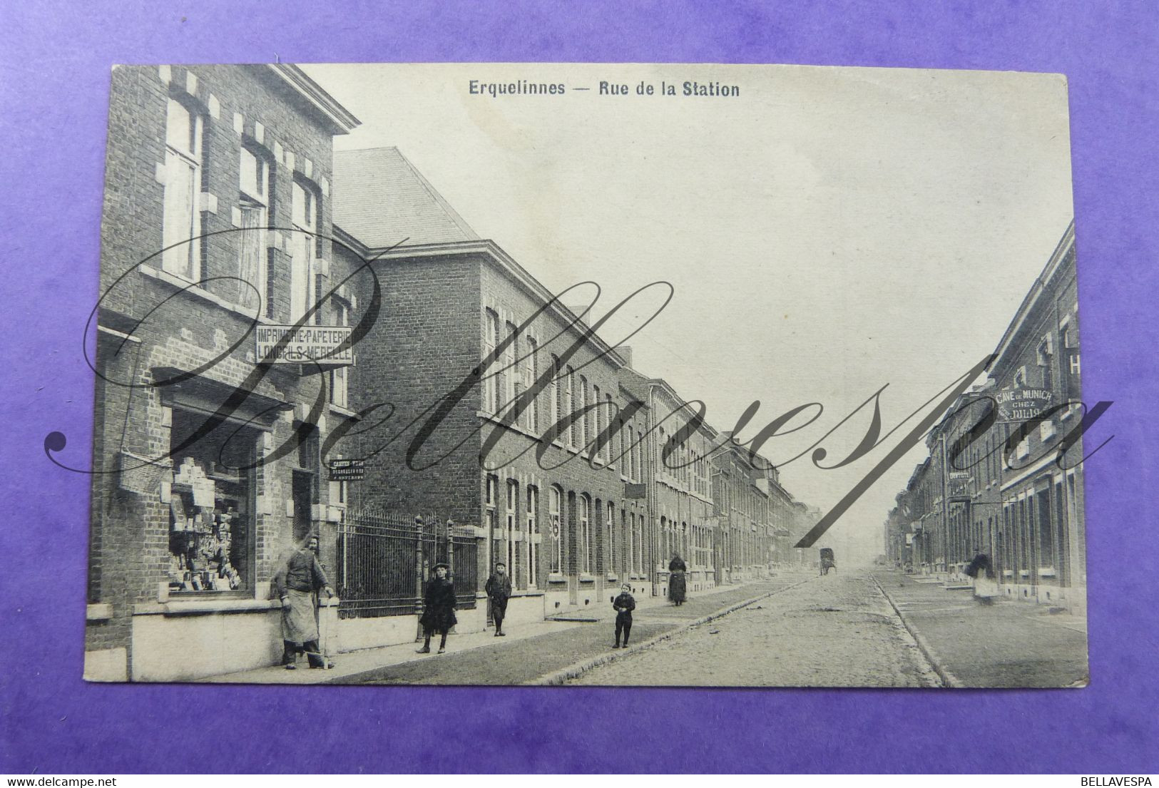 Erquelinnes Rue De La Station. Edit. Maison Sur L'image. Longfils-Merelle Imprimerie-Papiterie.Cave De Munich Julia-1908 - Erquelinnes