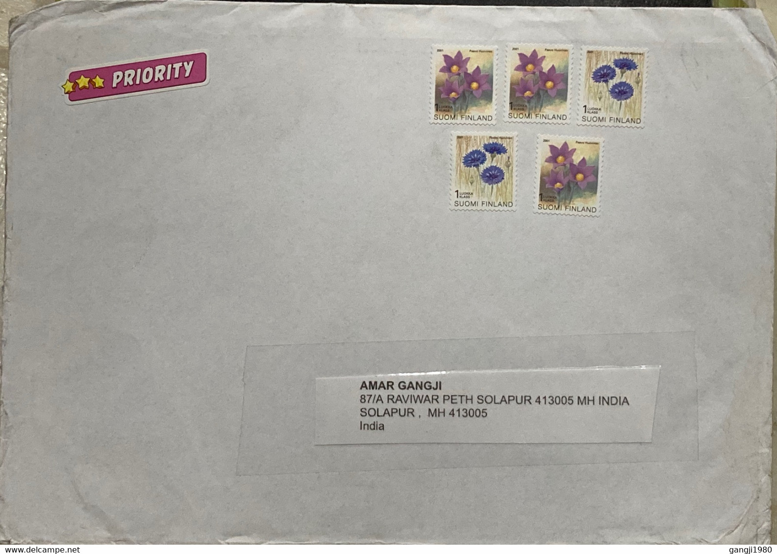 FINLAND 2020, FLOWER 1 ST CLASS 5 STAMPS WITHOUT CANCELLATION,COVER PRIORITY TO INDIA - Storia Postale