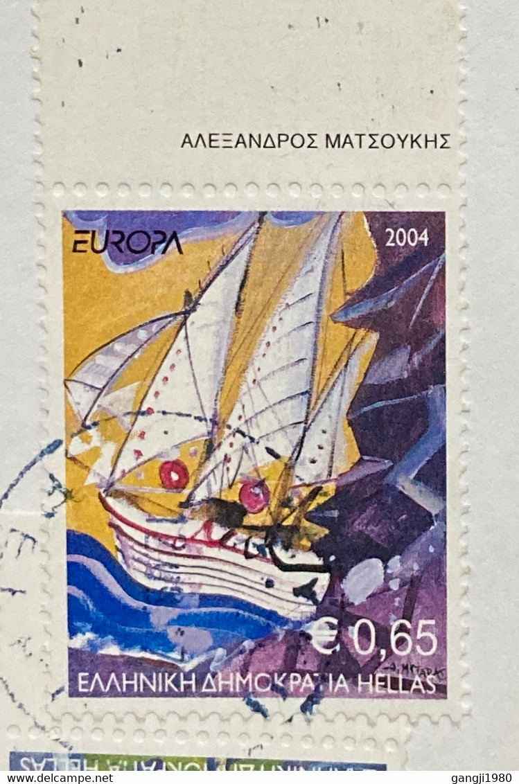 GREECE 2004, EUROPA BALLOON,SHIP ,SEA ,GEORO RATE ,PEEKI CITY REGISTER COVER TO INDIA - Covers & Documents