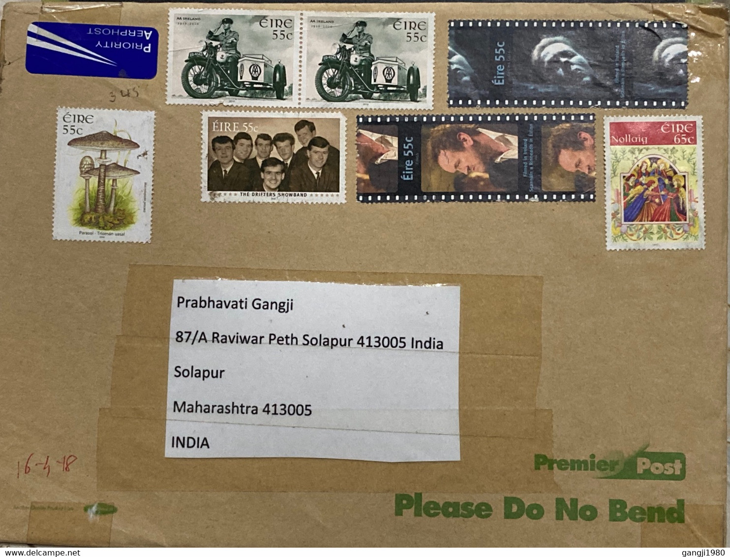 IRELAND 2018, CINEMA ,FILM,MOTOR CYCLE,FUNGI MILITARY ,PERSON ,CHRISTMAS ,DRIFTERS SHOWBAND ,7 STAMPS USED AIRMAIL COVE, - Covers & Documents