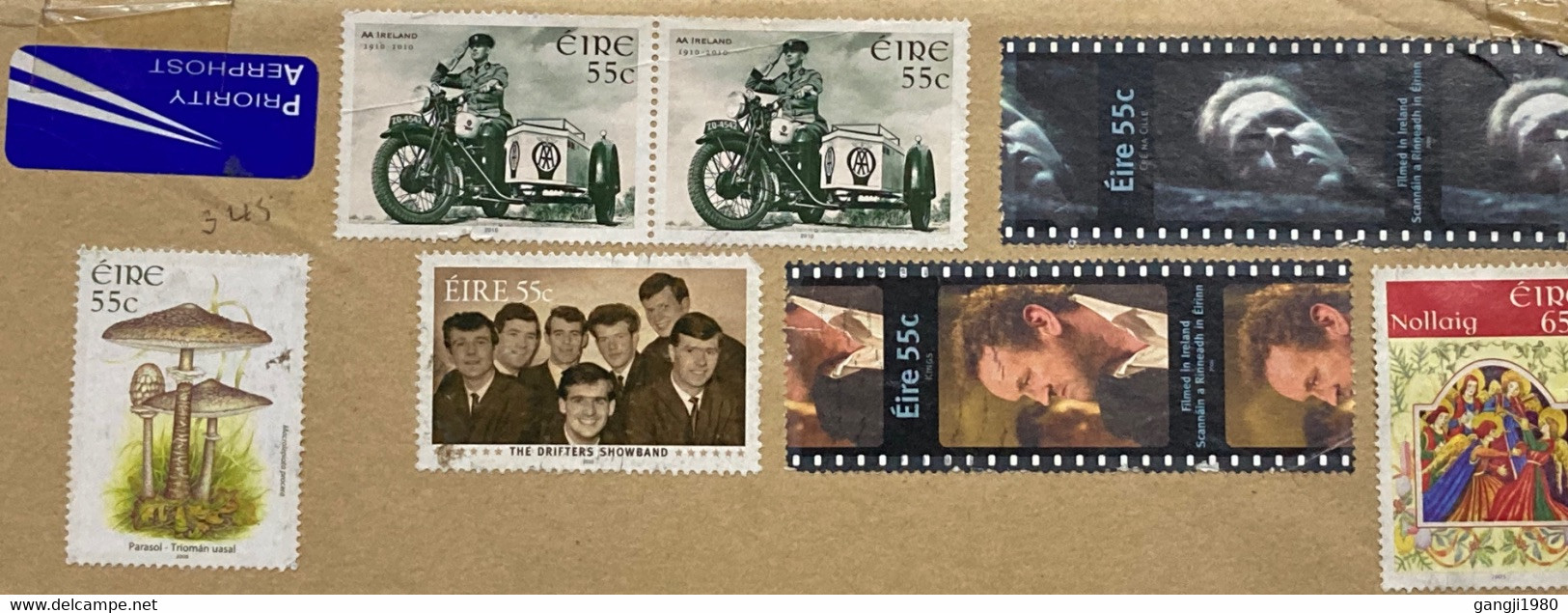 IRELAND 2018, CINEMA ,FILM,MOTOR CYCLE,FUNGI MILITARY ,PERSON ,CHRISTMAS ,DRIFTERS SHOWBAND ,7 STAMPS USED AIRMAIL COVE, - Covers & Documents