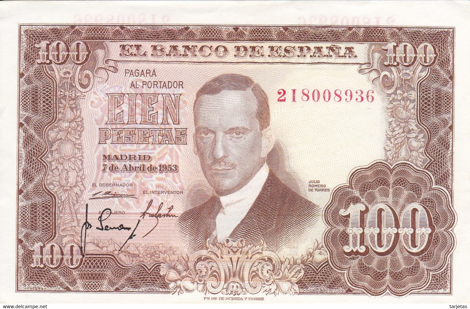 BILLETE DE ESPAÑA DE 100 PTAS DEL 7/04/1953 SERIE 2I SIN CIRCULAR (UNC) (BANKNOTE) - 100 Peseten