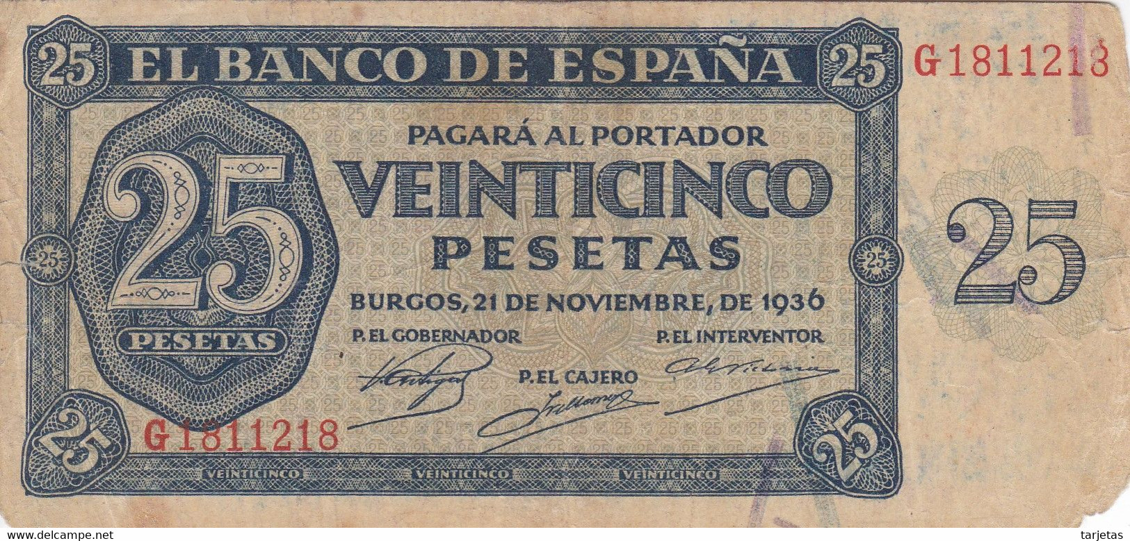 BILLETE DE ESPAÑA DE BURGOS DE 25 PTAS DEL 21/11/1936 SERIE G (BANKNOTE) - 25 Pesetas