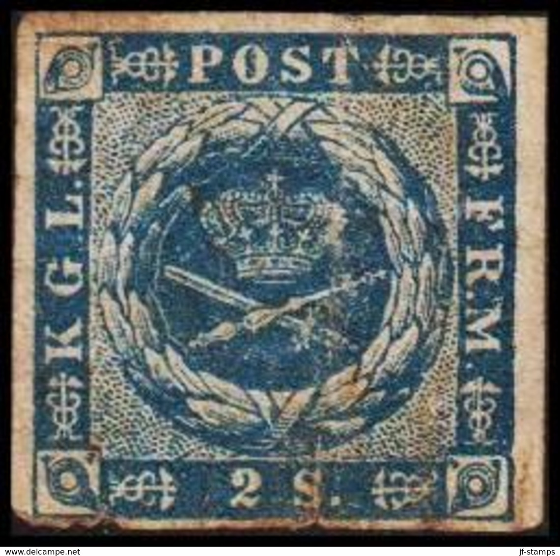 1855. DANMARK. Dotted Spandrels.__ 2 Skilling Blue. Defect Hinged.  (Michel 3) - JF519799 - Unused Stamps