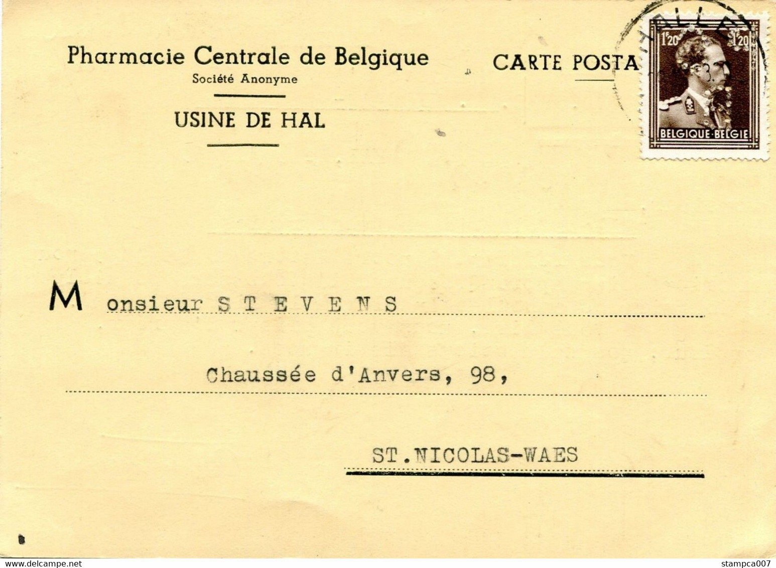 Perfin Perfo  " P C B  " 1953 Apotheek  Pharmacie Centrale De Belgique Hal Leopold III Centrale Stempel Halle - 1951-..