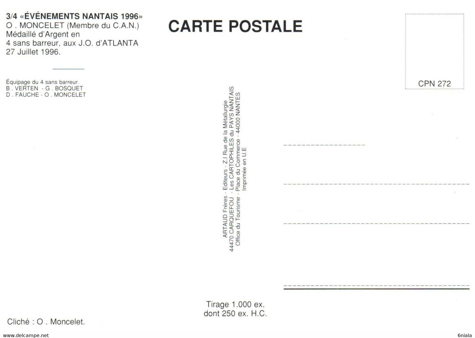 7253 Carte  AVIRON 4 Sans Barreur Médaille Argent Olivier MONCELET JO Atlanta 1996 (scan Recto-verso) - Canottaggio