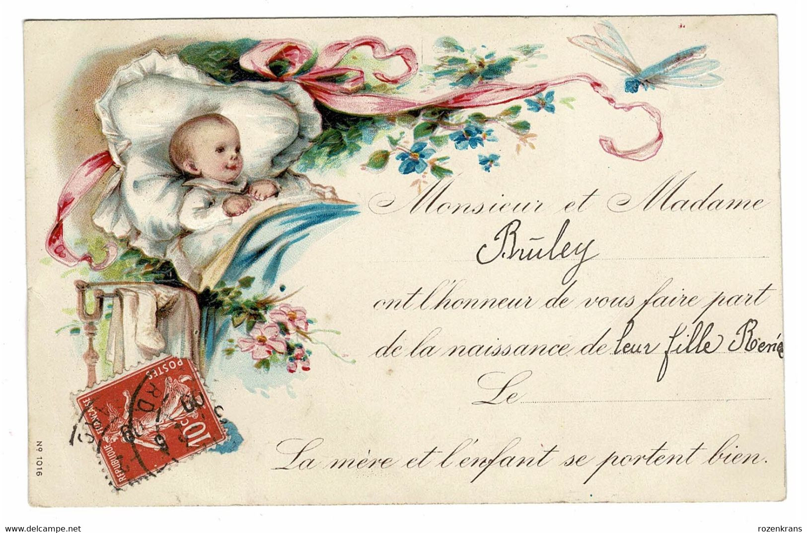 1909 Ancienne Old Carte Faire Part De Naissance Geboortekaartje Birth Wishing Card Geboorte Bebe Baby Geburtsanzeige - Birth