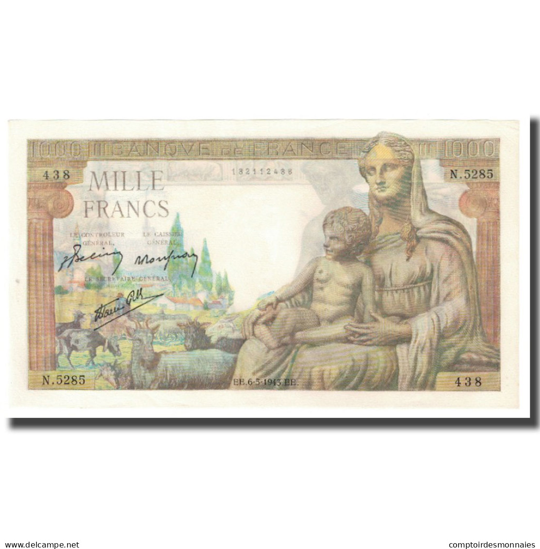 France, 1000 Francs, 1943, 1943-05-06, SPL+, Fayette:40.23, KM:102 - 1 000 F 1942-1943 ''Déesse Déméter''