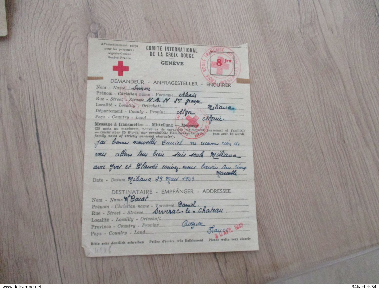 Lettre France Algérie Croix Rouge Française Alger  Censure Message à Transmettre Séverac Aveyron 1943 - Oorlog 1939-45