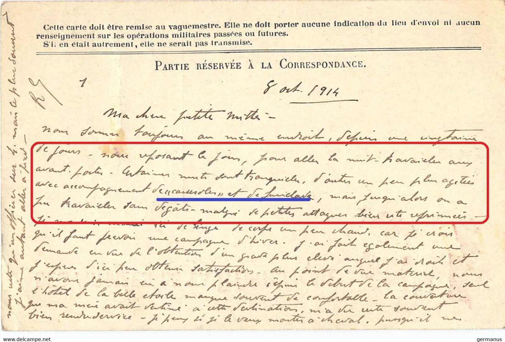 GUERRE 14-18 Le 8-10-1914 TàD TRESOR ET POSTES ★ 171 ★ Travailler La Nuit Aux Avant-postes. - Guerra De 1914-18