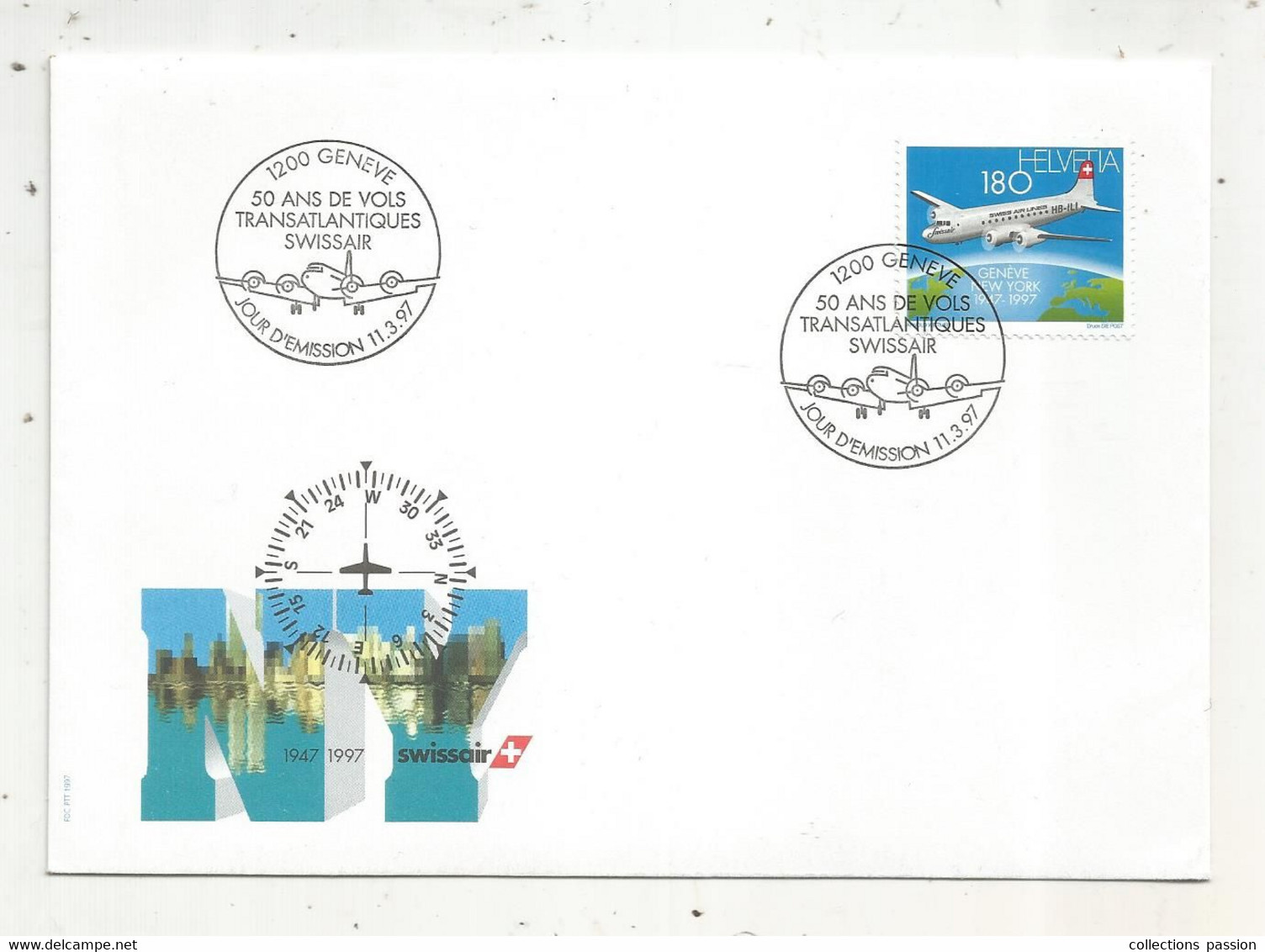 FDC , Premier Jour , Suisse , Lettre , 1200 GENEVE, 50 Ans De Vols Transatlantiques SWISSAIR , 1997, Aviation , Avion - FDC