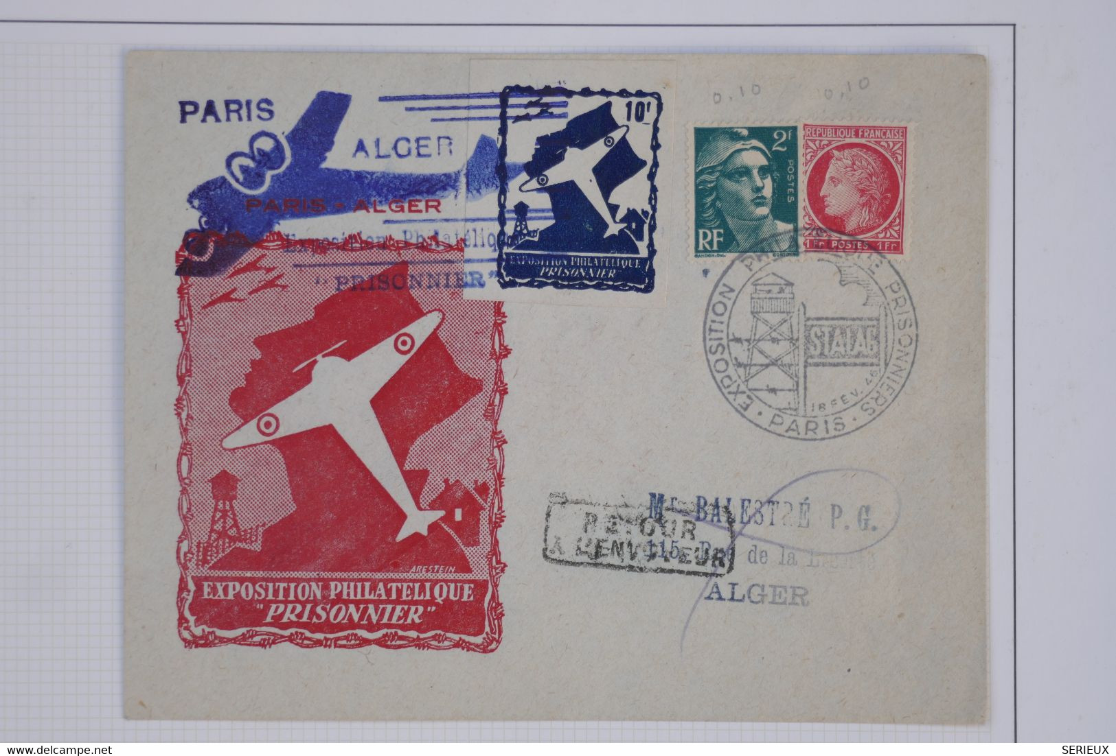 AU17  FRANCE  BELLE LETTRE  1946 PARIS ALGER "PRISONNIER"+ VIGNETTE  A VOIR AFFRANCH. PLAISANT - 1960-.... Storia Postale