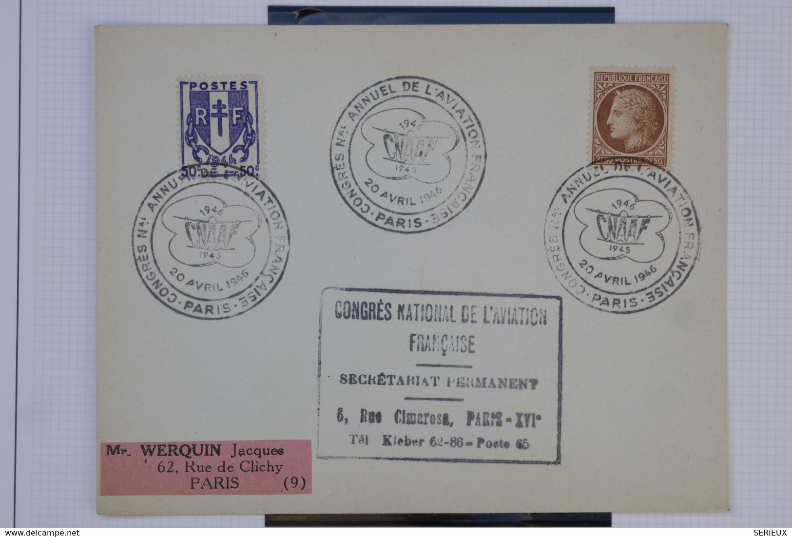 AU17  FRANCE  BELLE LETTRE   1946 CONGRES NATIONAL  D AVIATION  PARIS ++ AFFRANCH. PLAISANT - 1960-.... Cartas & Documentos