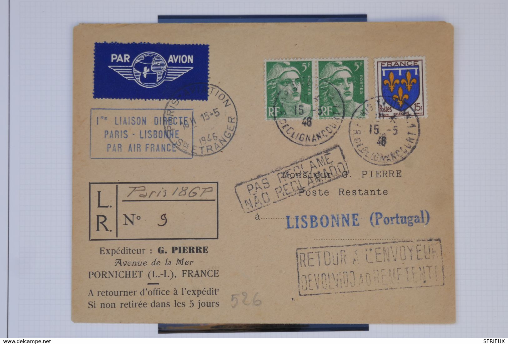 AU17  FRANCE  BELLE LETTRE 1946 IER VOL DIRECT PARIS  LISBONNE PORTUGAL + ++ AFFRANCH. PLAISANT - 1960-.... Lettres & Documents