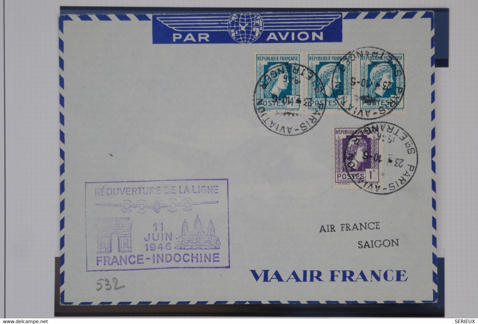 AU17  FRANCE  BELLE LETTRE 1946 REOUVERTURE LIAISON FRANCE INDOCHINE POUR SAIGON  +BANDE DE 3 T.P  ++ AFFRANCH. PLAISANT - 1960-.... Briefe & Dokumente