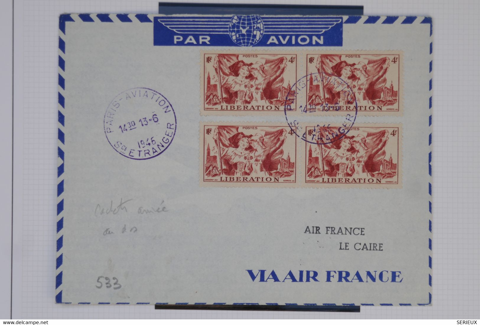 AU17  FRANCE  BELLE LETTRE 1946 PARIS POUR LE CAIRE EGYPTE   +CACHET CAIRO VERSO+ AFFRANCH. PLAISANT - 1960-.... Covers & Documents