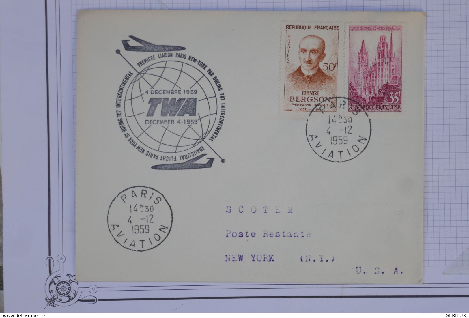 AU17  FRANCE  BELLE LETTRE  1959  1ER VOL PARIS  POUR NEW YORK  USA   ++ AFFRANCH. PLAISANT - 1927-1959 Covers & Documents