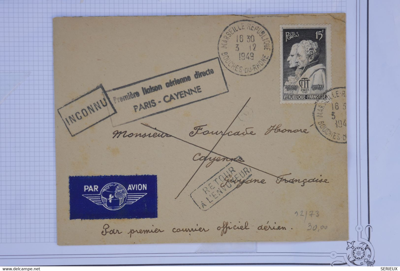 AU17  FRANCE  BELLE LETTRE  RECOM.  1949   1ER VOL PARIS  CAYENNE + + AFFRANCH. PLAISANT - 1927-1959 Lettres & Documents