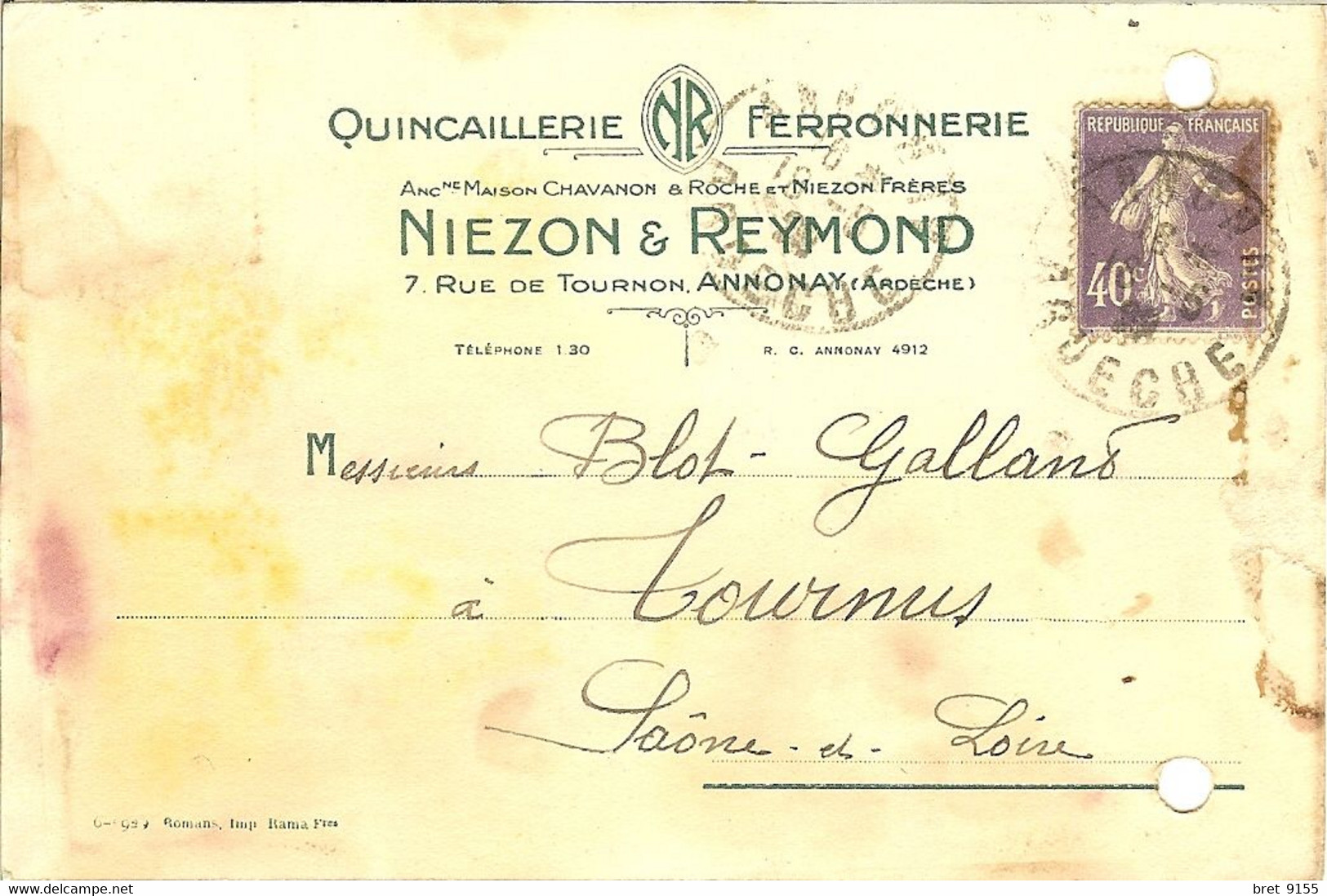 07 ANNONAY QUINCAILLERIE FERRONNERIE NIEZON REYMOND 7 RUE DE TOURNON COMMANDE A BLOT GALLAND TOURNUS - Annonay