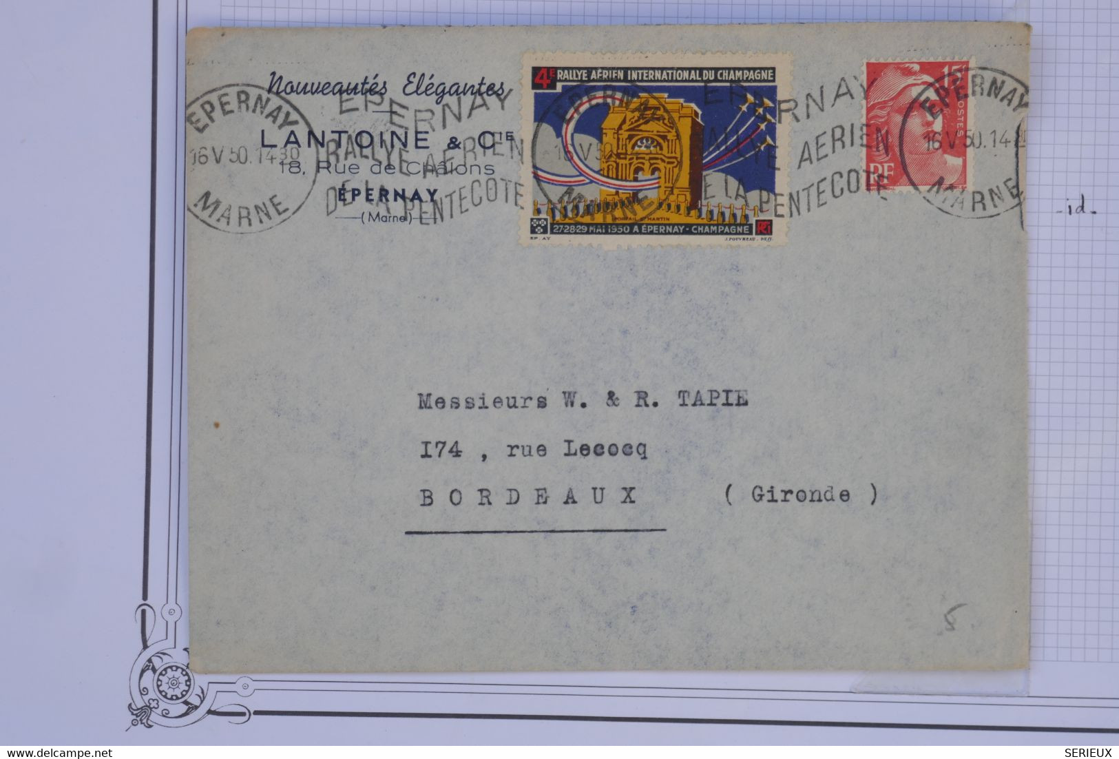 AU17 FRANCE BELLE LETTRE 1948 RALLY AERIEN EPERNAY   POUR BORDEAUX    +VIGNETTE ++++ AFFRANCH. INTERESSANT - 1960-.... Cartas & Documentos