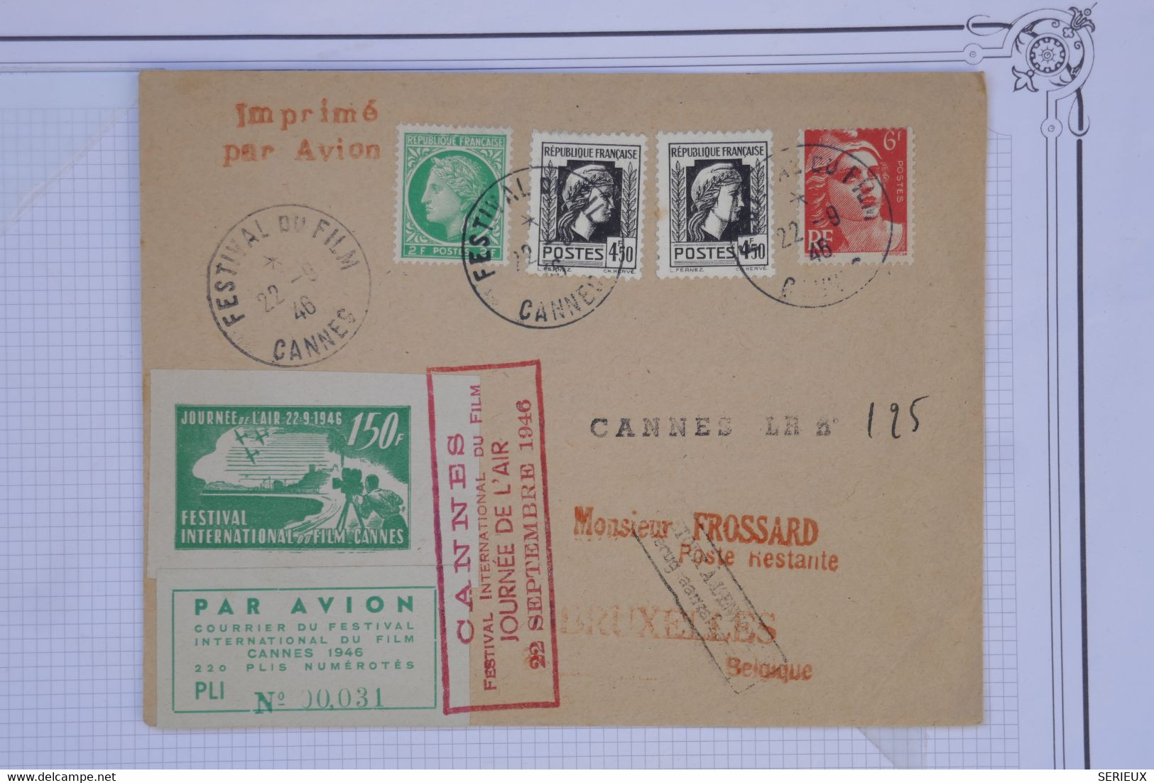 AU17 FRANCE BELLE LETTRE 1946 1ER FESTIVAL DE CANNES POUR BRUXELLES BELGIQUE     +VIGNETTE ++++ AFFRANCH. INTERESSANT - 1960-.... Storia Postale