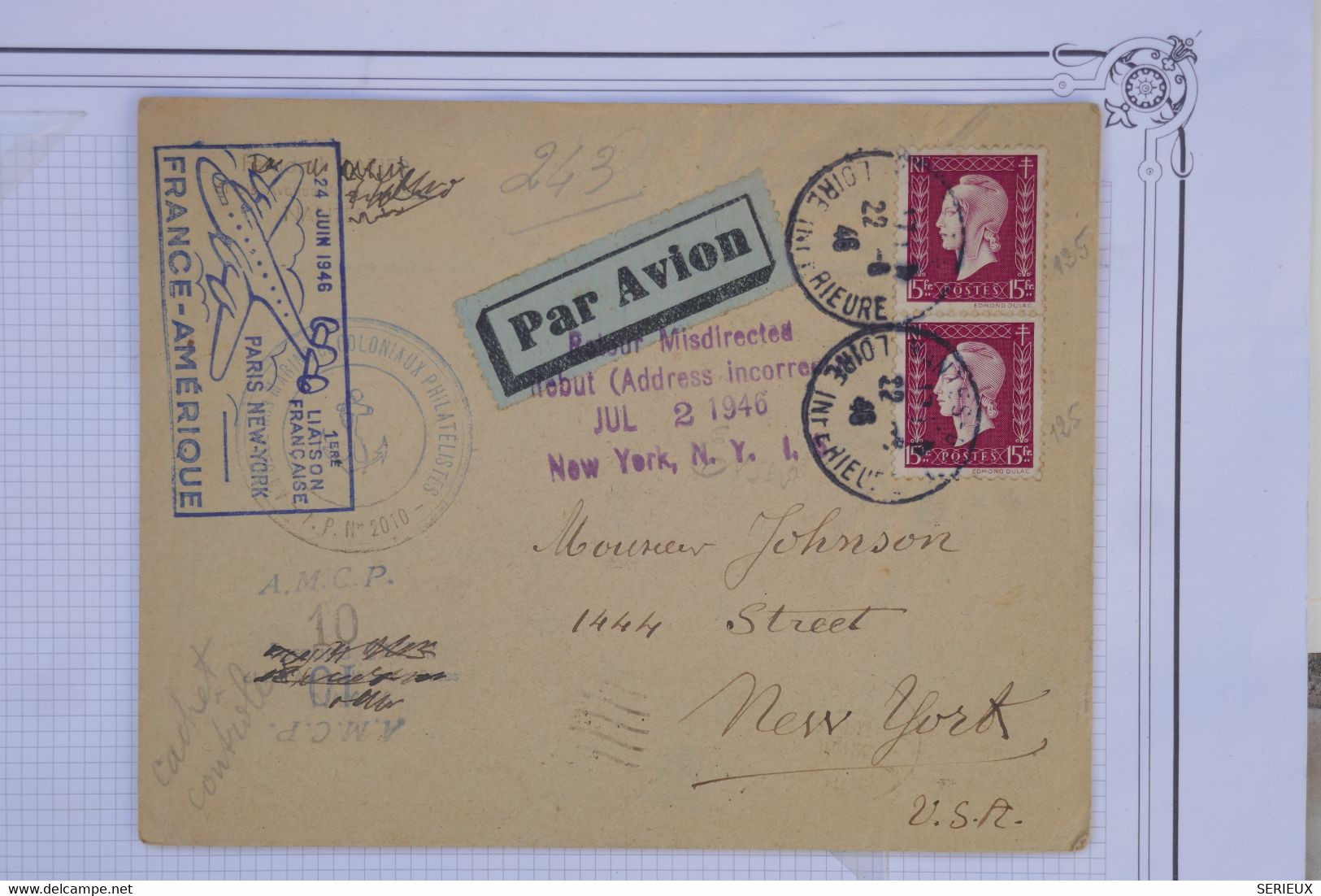 AU17 FRANCE BELLE LETTRE 1946 FRANCE  AMERIQUE POUR NEW YORK USA  ++ PAIRE DULAC ++ AFFRANCH. INTERESSANT - 1960-.... Storia Postale