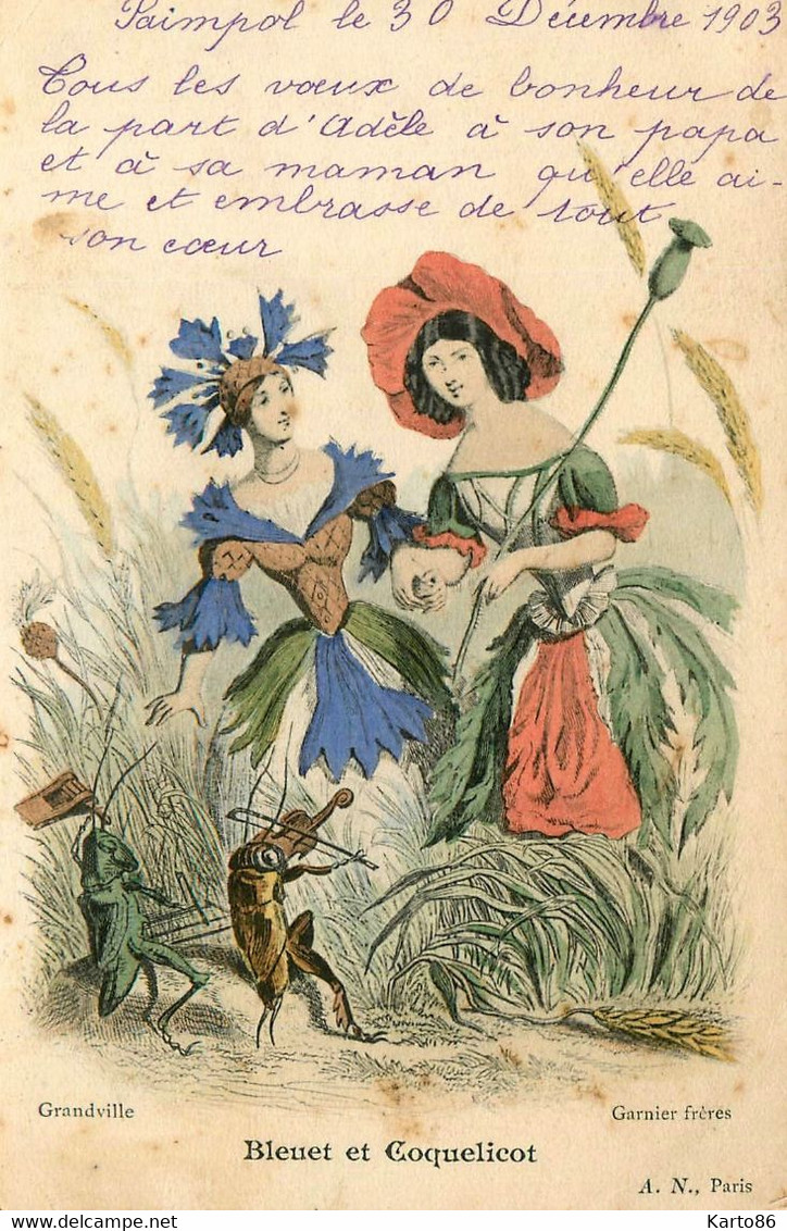 Mode * Femmes Fleurs & Scarabée Sauterelle Humanisés * CPA Illustrateur 1903 * Bleuet & Coquelicot * Fleur Femme - Mode