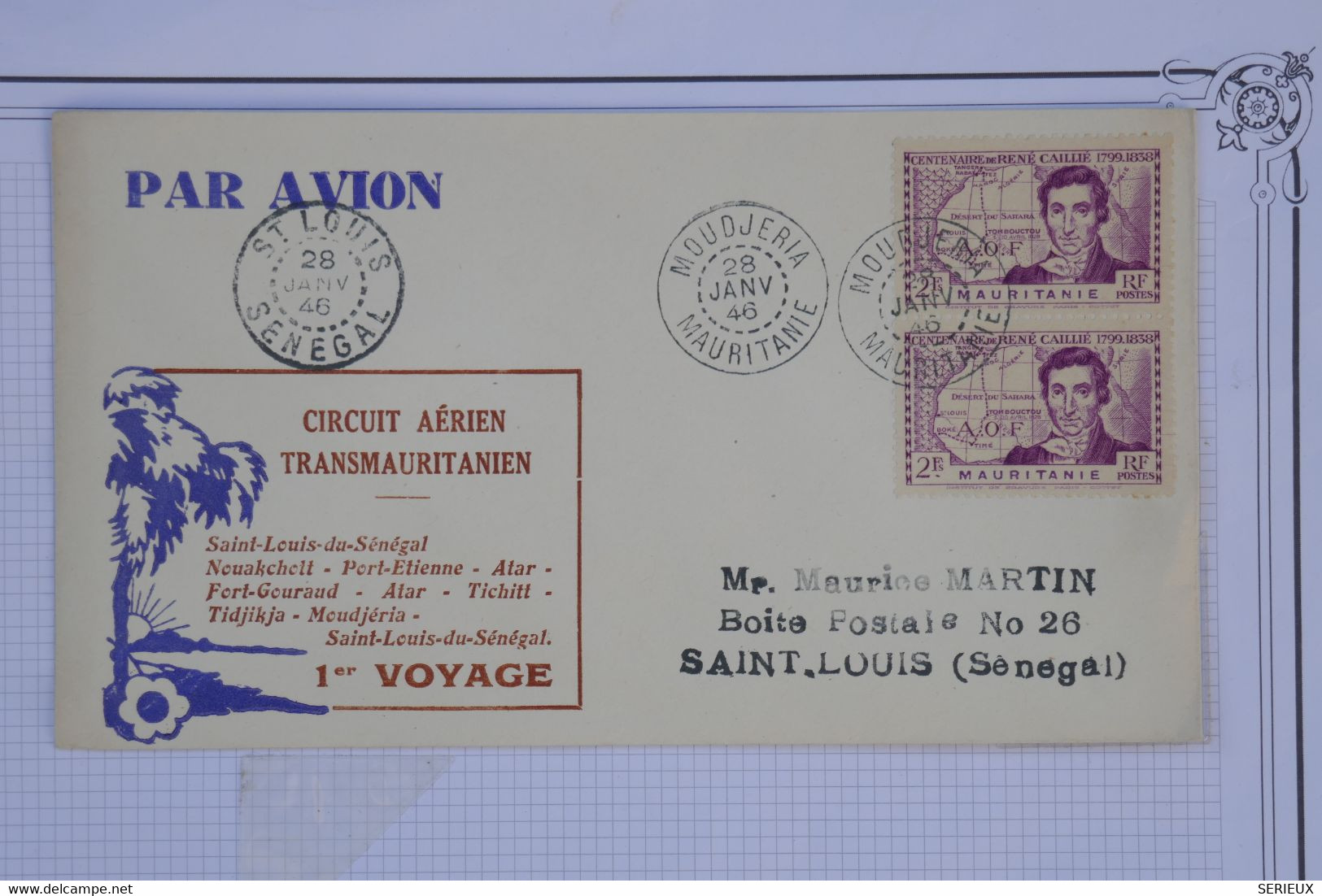 AU17  MAURITANIE  BELLE LETTRE 1946 1ER VOL TRANSAHARIEN AERIEN  MOUDJERIA POUR SAINT LOUIS  +++ AFFRANCH. PLAISANT - Briefe U. Dokumente