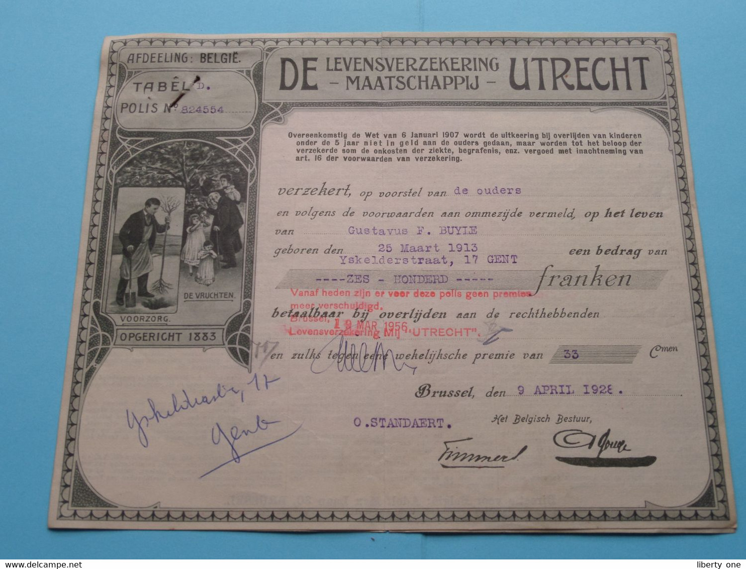 De Levensverzekering Maatschappij UTRECHT Afd. België ( F. Buyle Geb. 1913 > Ijskelderstr. Gent ) 1928 ( Zie Foto's ) ! - Banque & Assurance