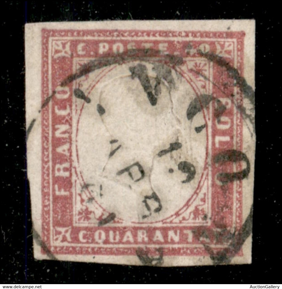 Antichi Stati Italiani - Sardegna - 1860 - 40 Cent Rosa Lilla Scuro (16Cf) - Usato - Molto Raro - Cert. Sorani (35.000++ - Autres & Non Classés