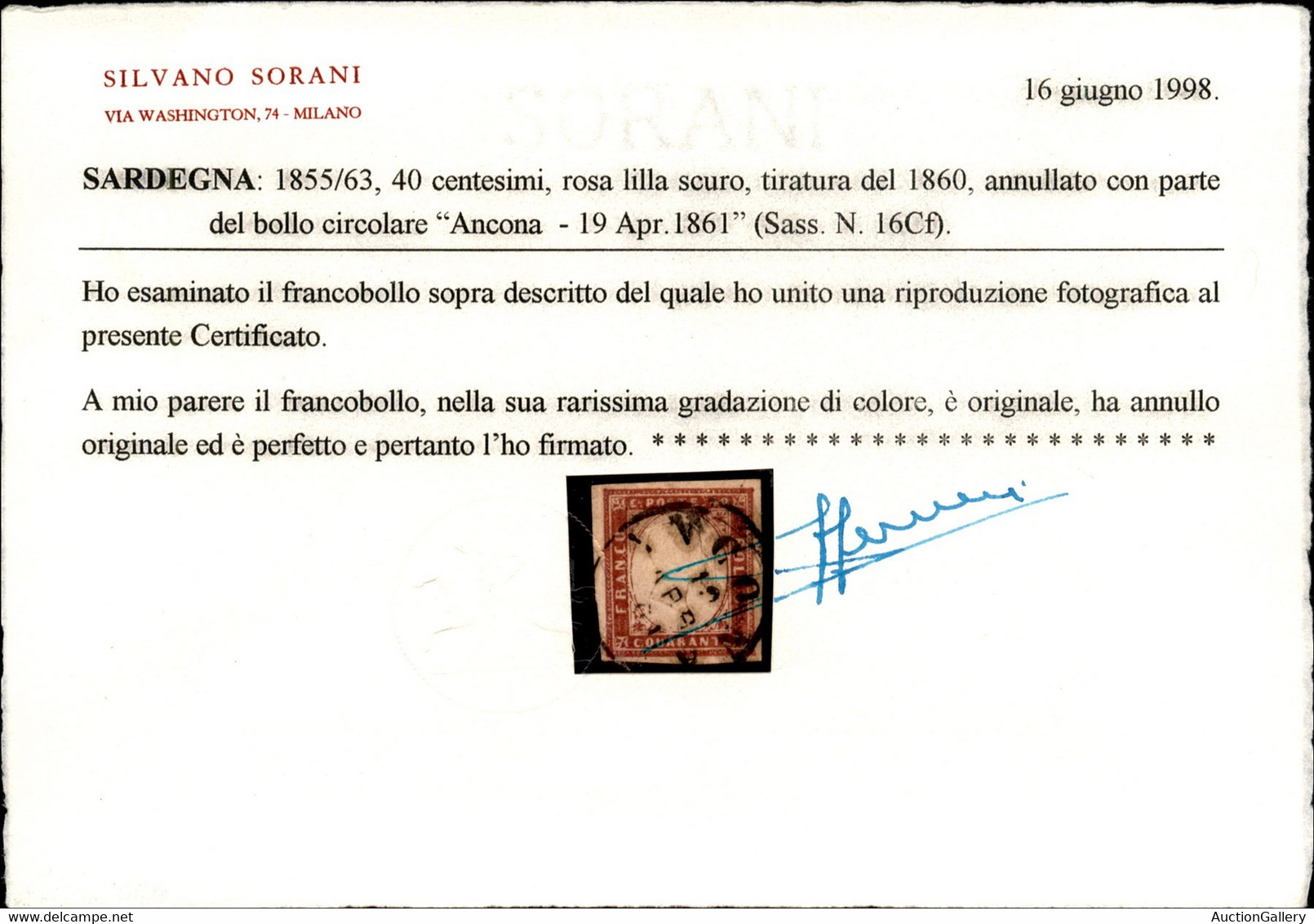 Antichi Stati Italiani - Sardegna - 1860 - 40 Cent Rosa Lilla Scuro (16Cf) - Usato - Molto Raro - Cert. Sorani (35.000++ - Autres & Non Classés