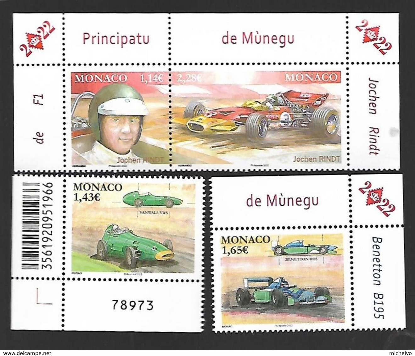 Monaco 2022 - Yv N° 3316 à 3319 ** - Voitures "VANWALL VW5 - BENETTON B195" - Pilote "JOCHEN RINDT" - Unused Stamps