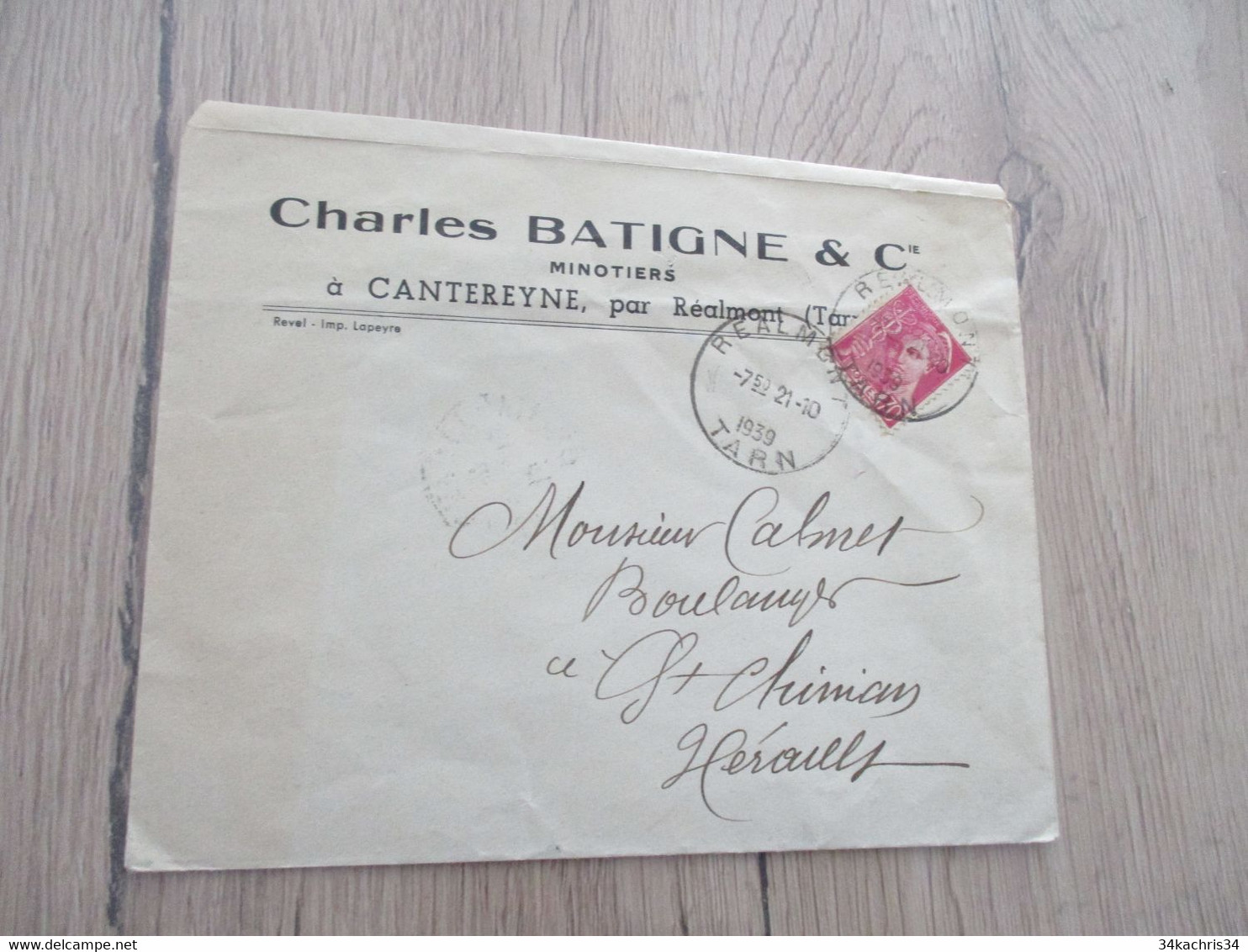 Enveloppe Publicité Timbrée C.Batigne Cantereyne Tarn 1939 1 TP Mercure - Petits Métiers